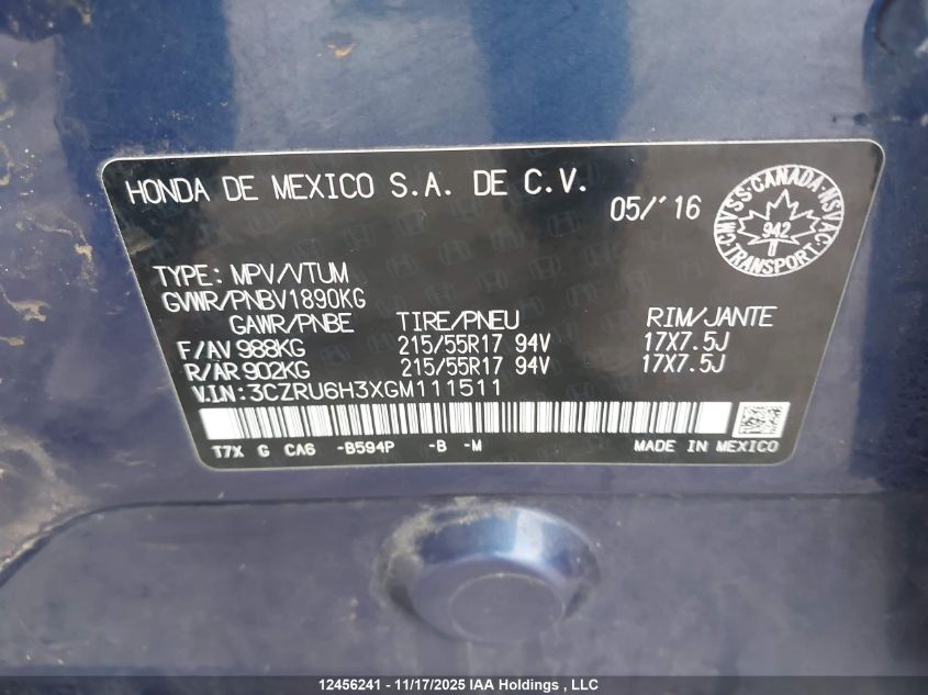 2016 Honda Hr-V Lx VIN: 3CZRU6H3XGM111511 Lot: 12456241