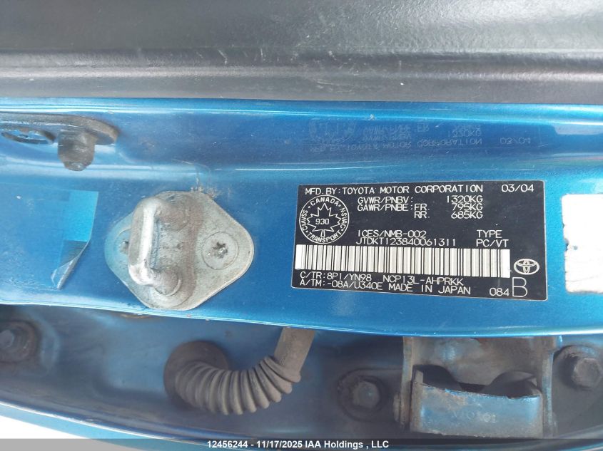 2004 Toyota Echo VIN: JTDKT123840061311 Lot: 12456244