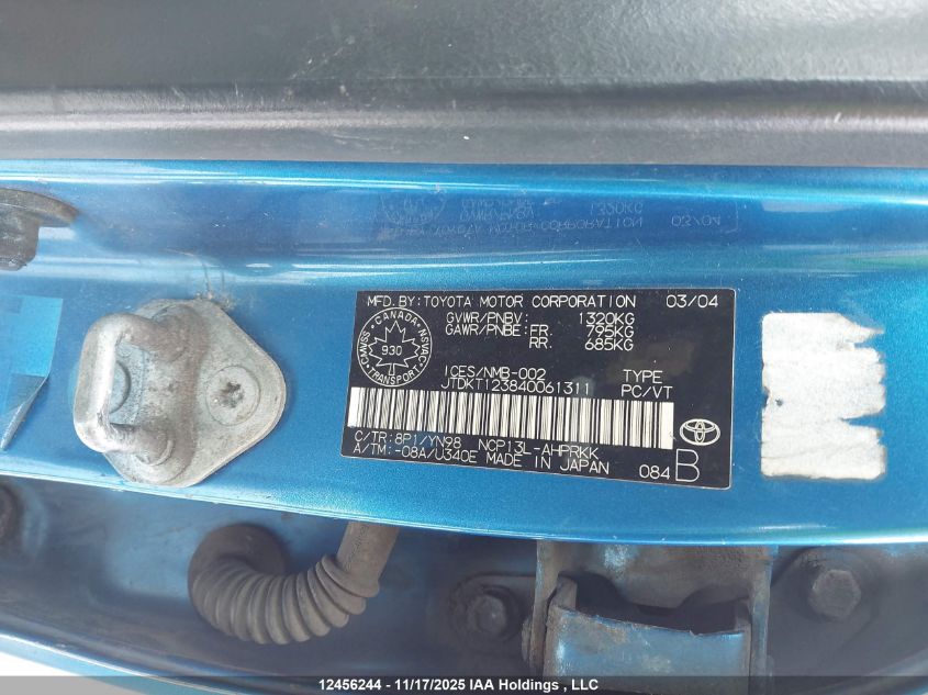 2004 Toyota Echo VIN: JTDKT123840061311 Lot: 12456244