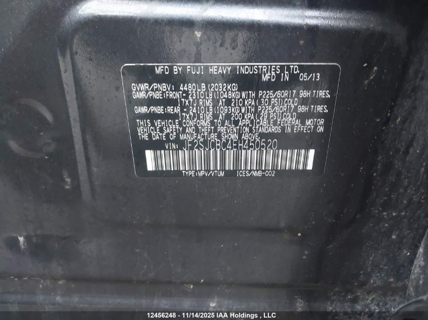2014 Subaru Forester 2.5I Premium VIN: JF2SJCBC4EH450520 Lot: 12456248
