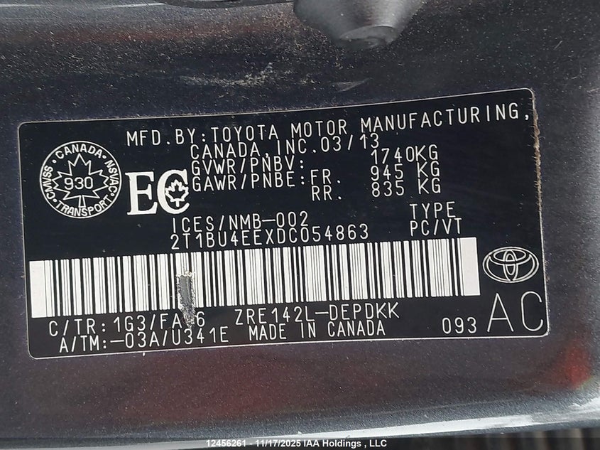 2T1BU4EEXDC054863 2013 TOYOTA COROLLA photo no. 9