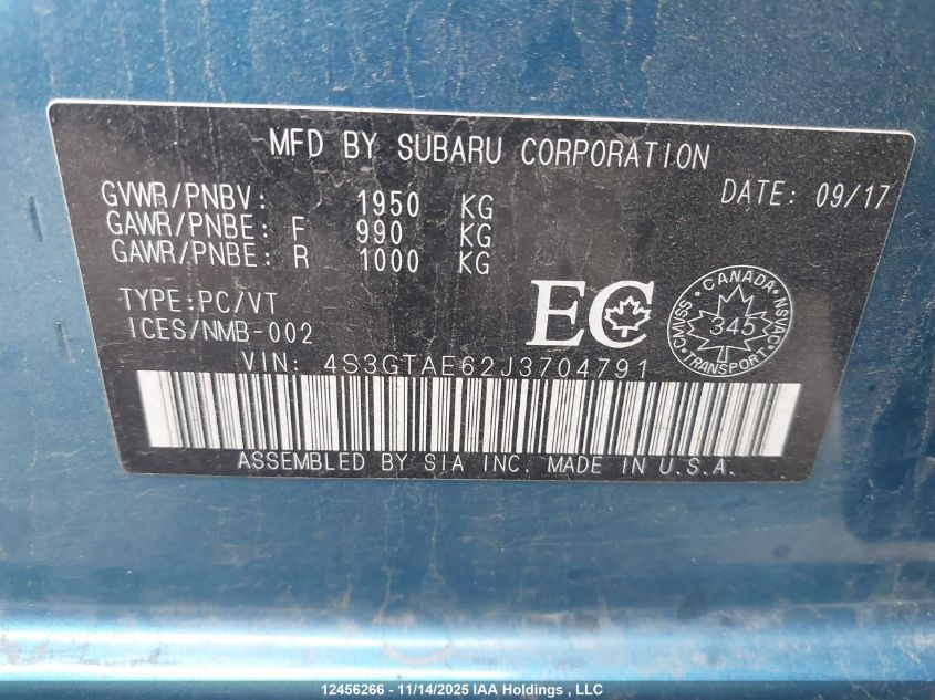 2018 Subaru Impreza Premium Plus VIN: 4S3GTAE62J3704791 Lot: 12456266