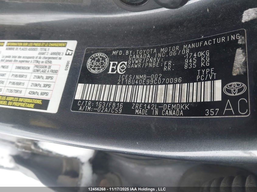 2009 Toyota Corolla VIN: 2T1BU40E99C070096 Lot: 12456268