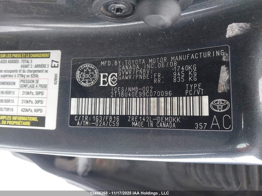 2009 Toyota Corolla VIN: 2T1BU40E99C070096 Lot: 12456268