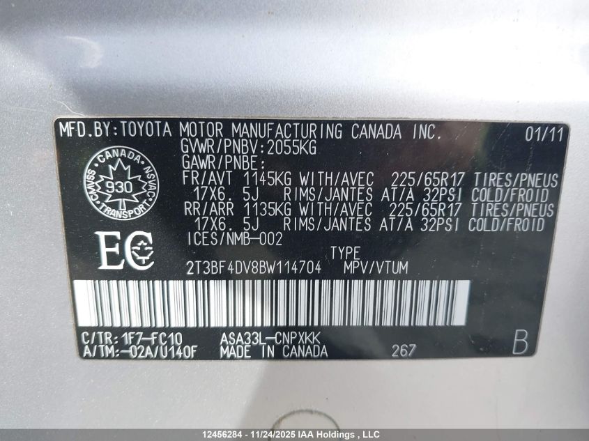 2011 Toyota Rav4 VIN: 2T3BF4DV8BW114704 Lot: 12456284