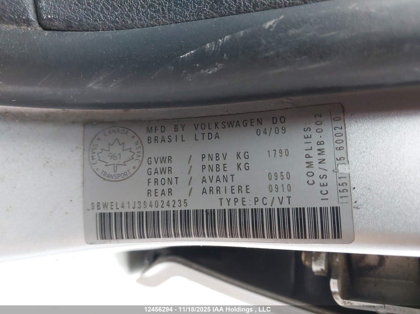 2009 Volkswagen City Golf 2.0L VIN: 9BWEL41J394024235 Lot: 12456294