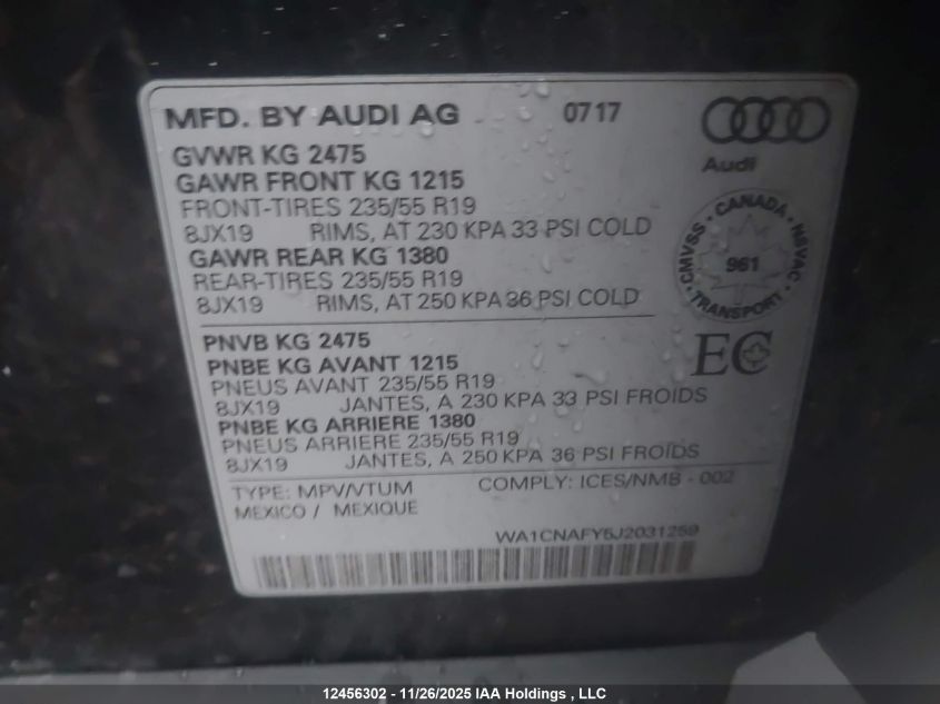 2018 Audi Q5 2.0T Technik VIN: WA1CNAFY5J2031259 Lot: 12456302