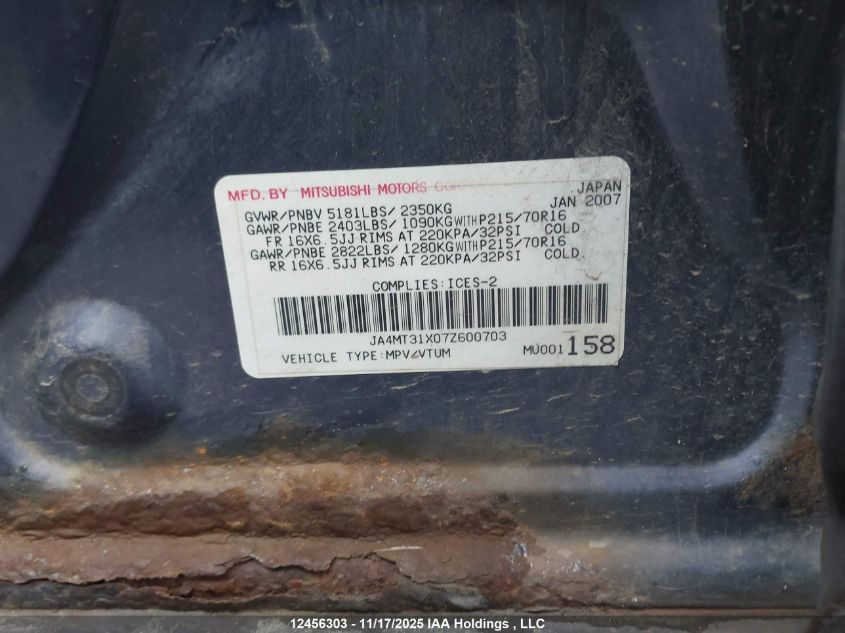 2007 Mitsubishi Outlander VIN: JA4MT31X07Z600703 Lot: 12456303