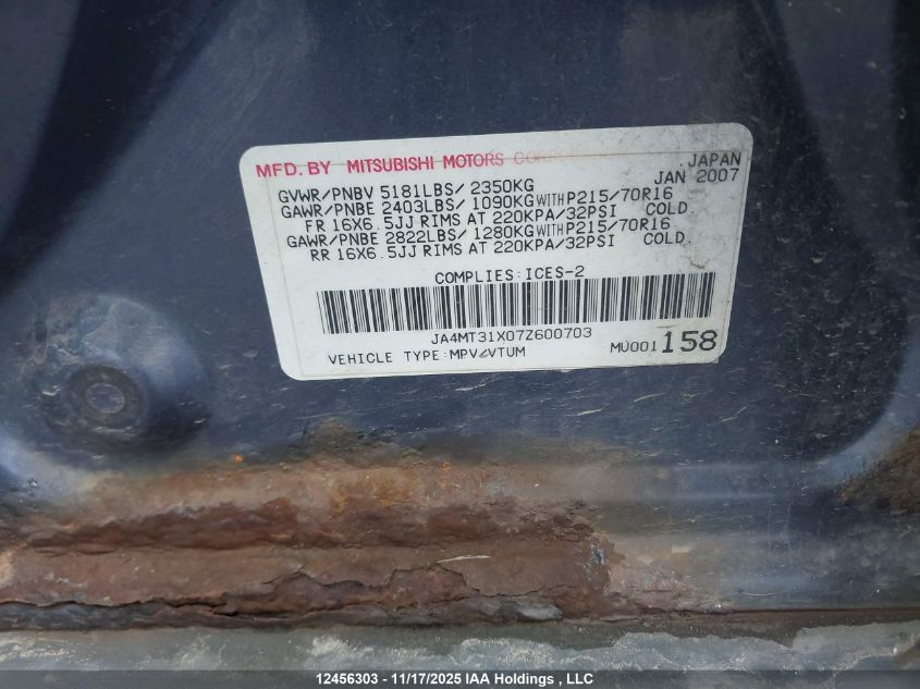 2007 Mitsubishi Outlander VIN: JA4MT31X07Z600703 Lot: 12456303