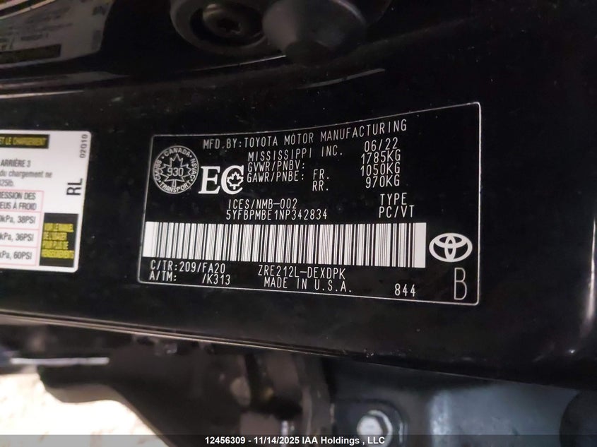 5YFBPMBE1NP342834 2022 TOYOTA COROLLA photo no. 9