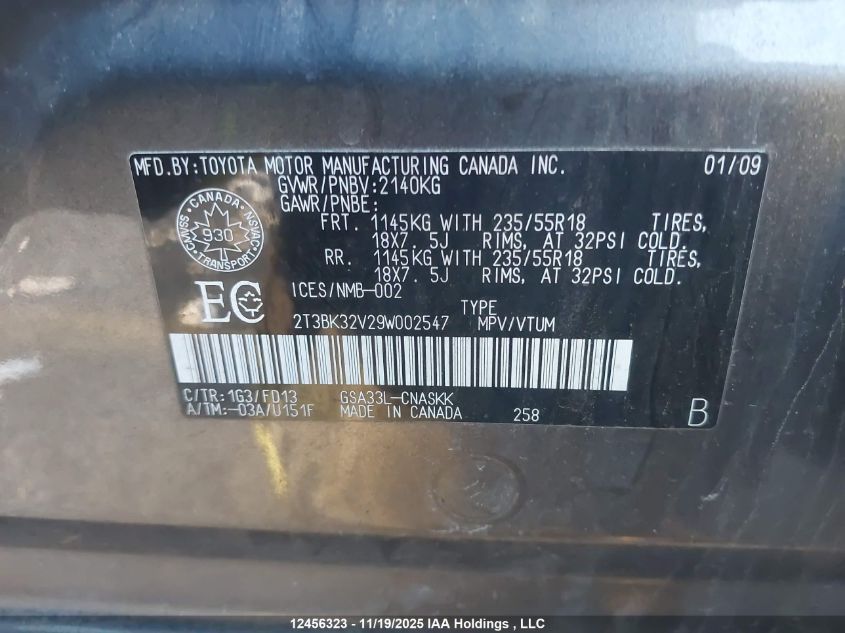 2009 Toyota Rav4 VIN: 2T3BK32V29W002547 Lot: 12456323