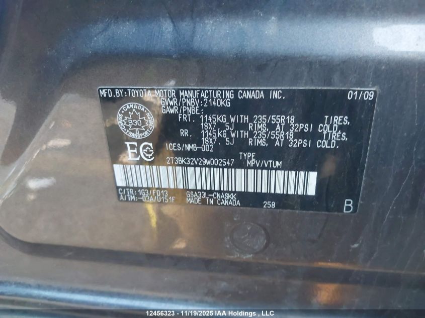 2009 Toyota Rav4 VIN: 2T3BK32V29W002547 Lot: 12456323