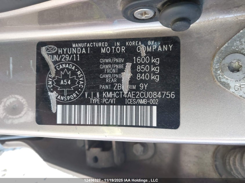 KMHCT4AE2CU084756 2012 HYUNDAI ACCENT photo no. 9