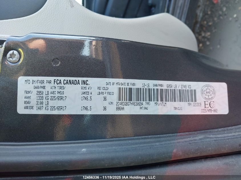 2017 Dodge Grand Caravan Cvp/Sxt VIN: 2C4RDGBG7HR630694 Lot: 12456336