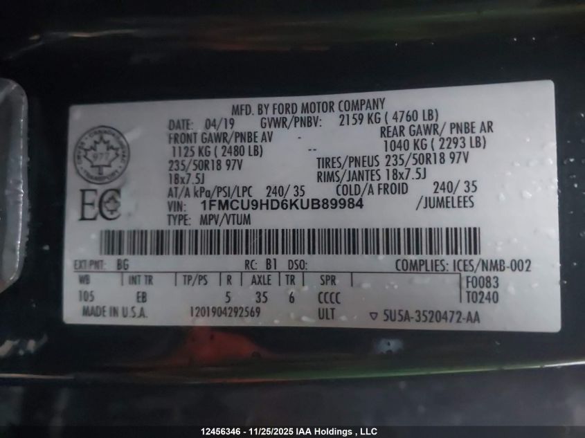 2019 Ford Escape Sel VIN: 1FMCU9HD6KUB89984 Lot: 12456346