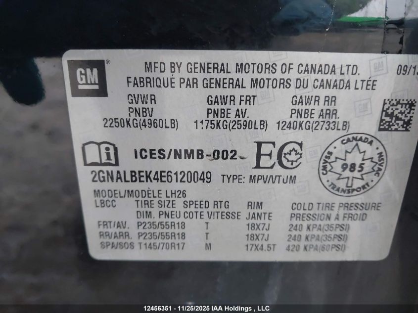 2014 Chevrolet Equinox Lt VIN: 2GNALBEK4E6120049 Lot: 12456351