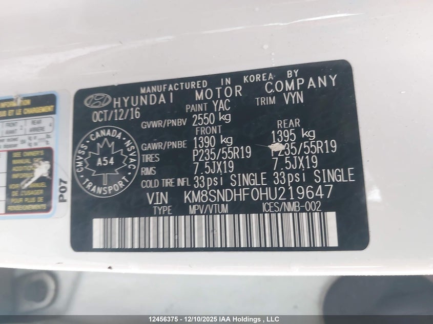 KM8SNDHF0HU219647 2017 HYUNDAI SANTA FE photo no. 9