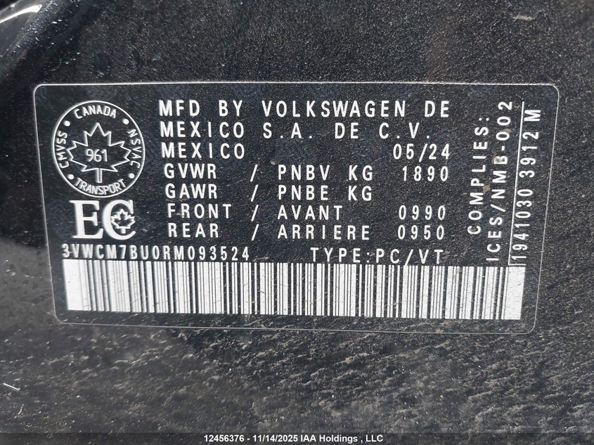 2024 Volkswagen Jetta Trendline VIN: 3VWCM7BU0RM093524 Lot: 12456376