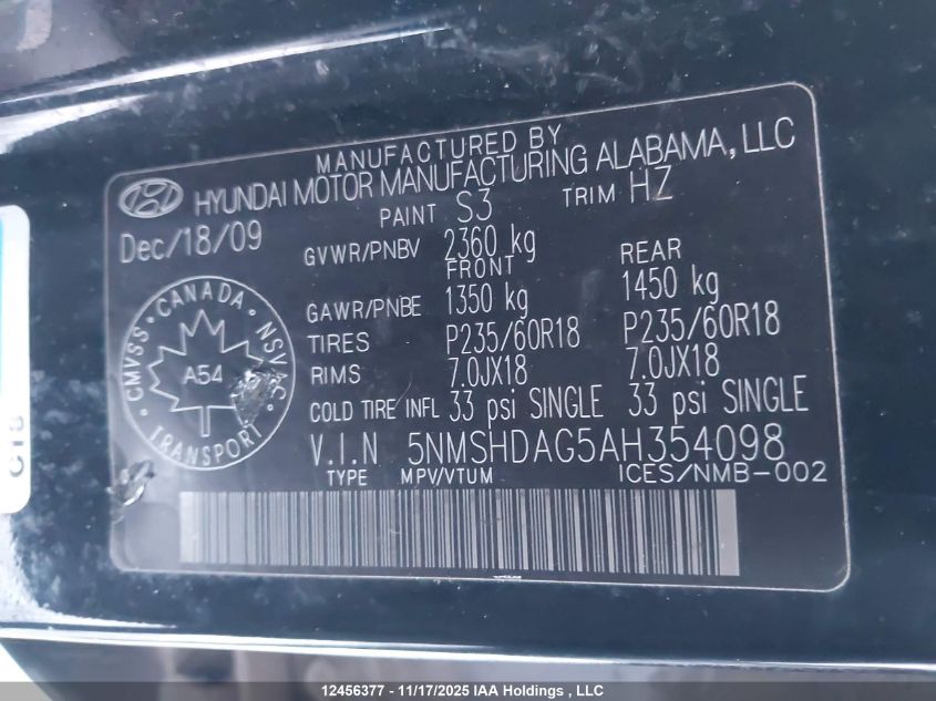 2010 Hyundai Santa Fe Se VIN: 5NMSHDAG5AH354098 Lot: 12456377