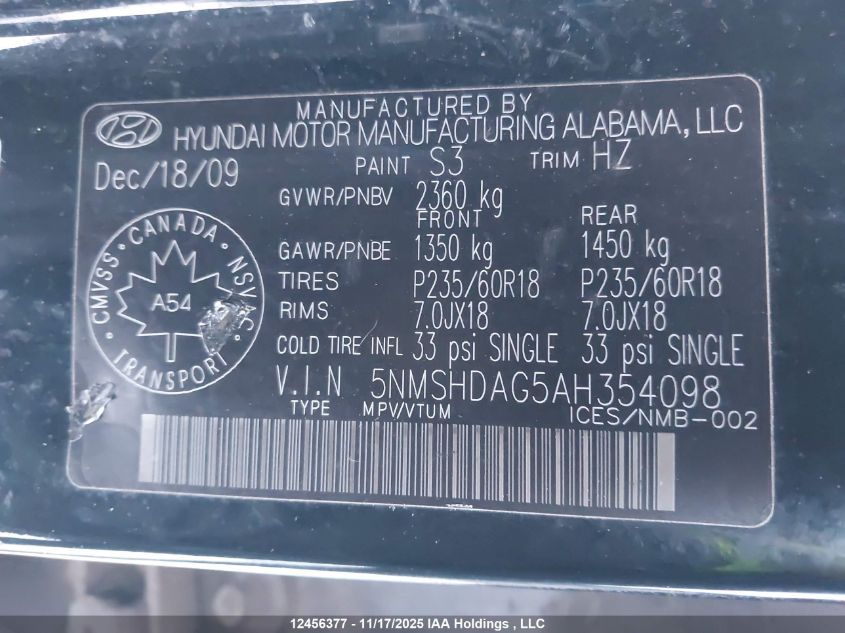 2010 Hyundai Santa Fe Se VIN: 5NMSHDAG5AH354098 Lot: 12456377