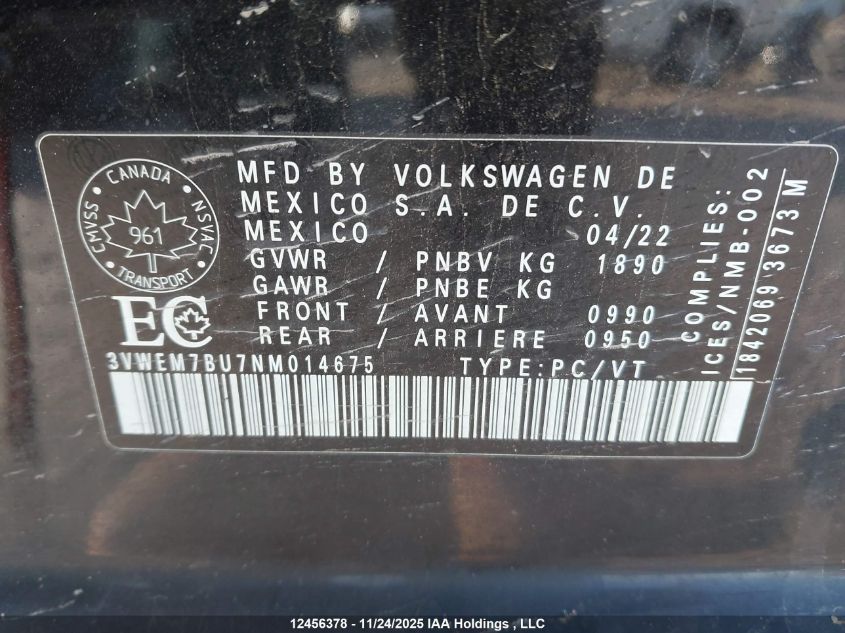 2022 Volkswagen Jetta Comfortline VIN: 3VWEM7BU7NM014675 Lot: 12456378