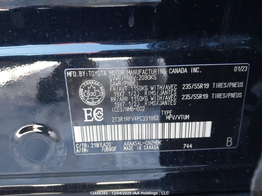 2023 Toyota Rav4 VIN: 2T3R1RFV4PC331862 Lot: 12456393