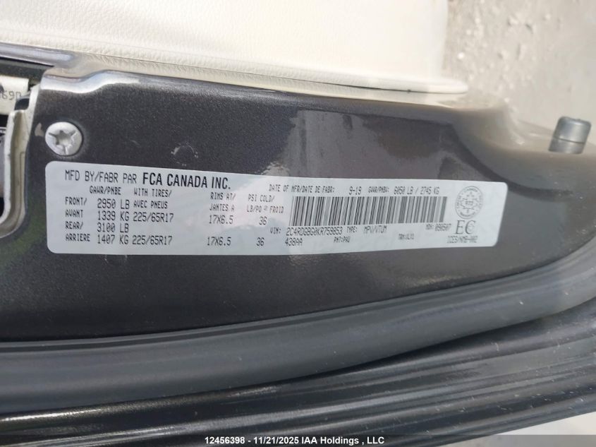 2019 Dodge Grand Caravan Cvp/Sxt VIN: 2C4RDGBG0KR759853 Lot: 12456398