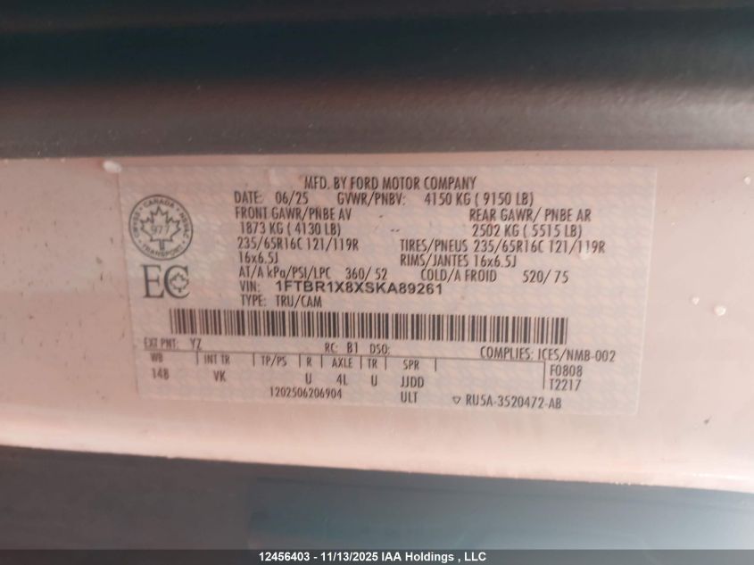 2025 Ford Transit T-250 VIN: 1FTBR1X8XSKA89261 Lot: 12456403