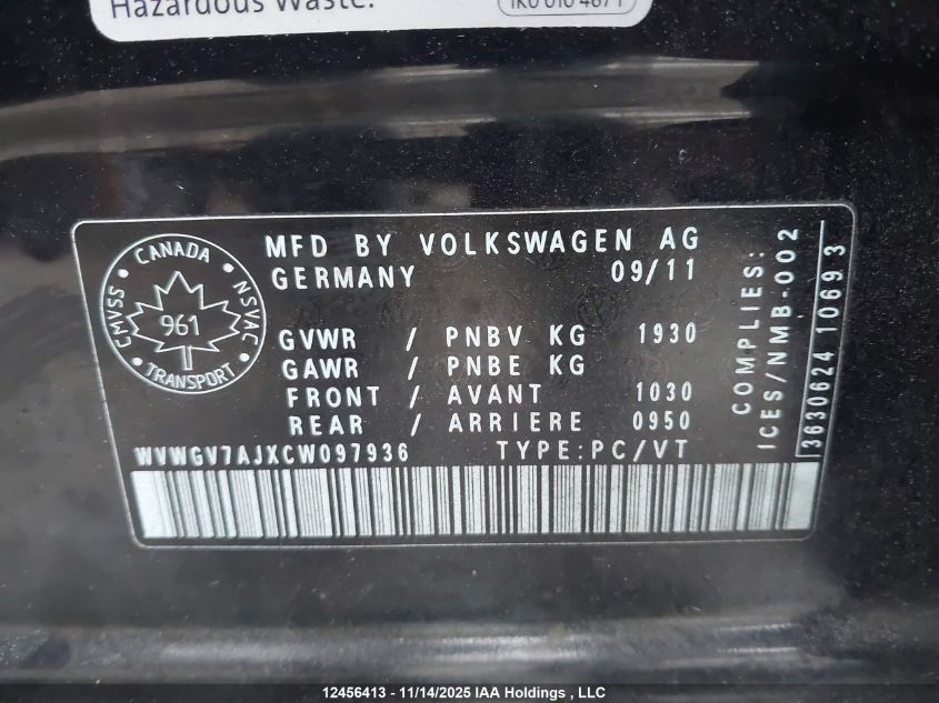 2012 Volkswagen Golf Gti 5-Door VIN: WVWGV7AJXCW097936 Lot: 12456413