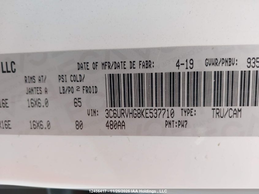 2019 Ram Promaster 3500 High Roof VIN: 3C6URVHG8KE537710 Lot: 12456417