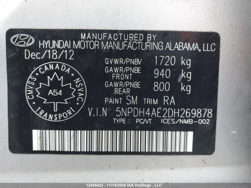 2013 Hyundai Elantra Gls/Limited VIN: 5NPDH4AE2DH269878 Lot: 12456423