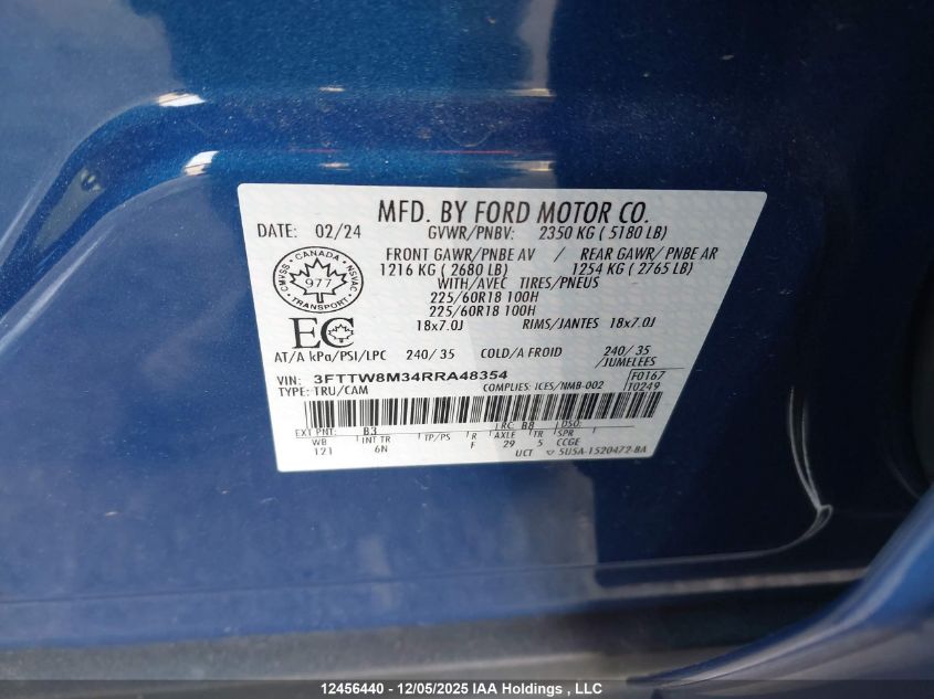 2024 Ford Maverick Lariat VIN: 3FTTW8M34RRA48354 Lot: 12456440