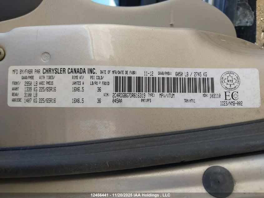 2013 Dodge Grand Caravan Se/Sxt VIN: 2C4RDGBG7DR616319 Lot: 12456441