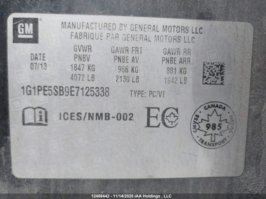 2014 Chevrolet Cruze Lt VIN: 1G1PE5SB9E7125338 Lot: 12456442
