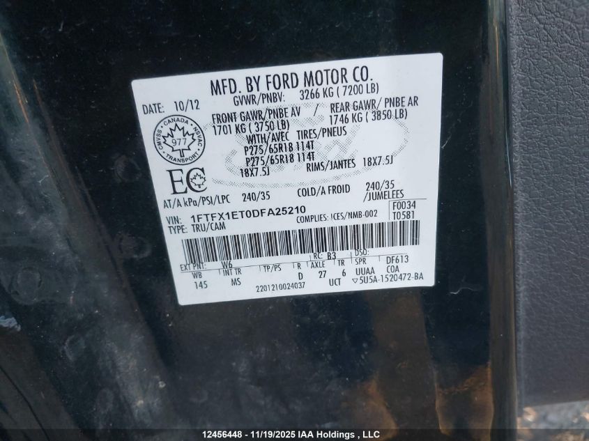 2013 Ford F-150 Xlt VIN: 1FTFX1ET0DFA25210 Lot: 12456448