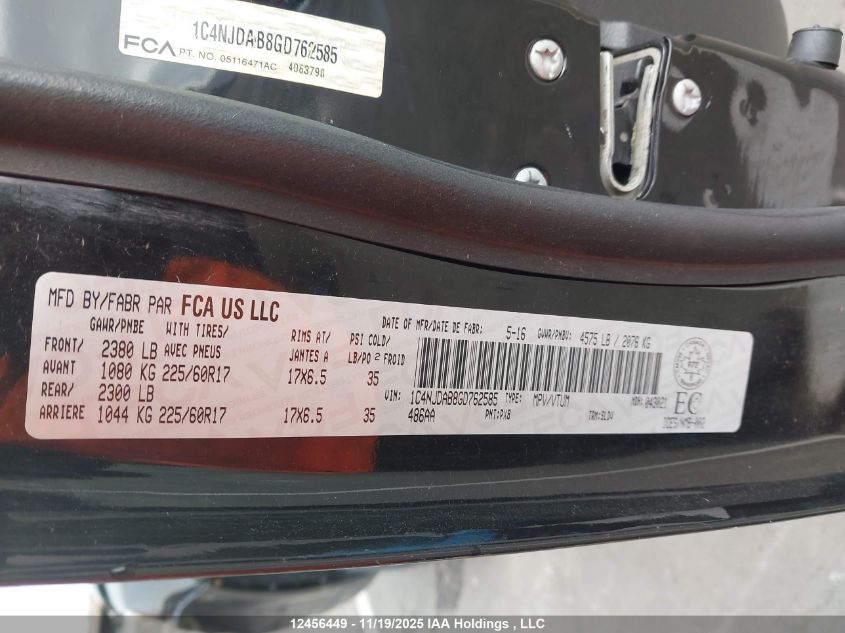 2016 Jeep Compass Sport/North VIN: 1C4NJDAB8GD762585 Lot: 12456449