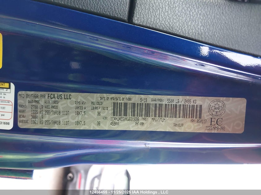 2019 Jeep Wrangler Unlimited Sahara VIN: 1C4HJXEG0KW631698 Lot: 12456455