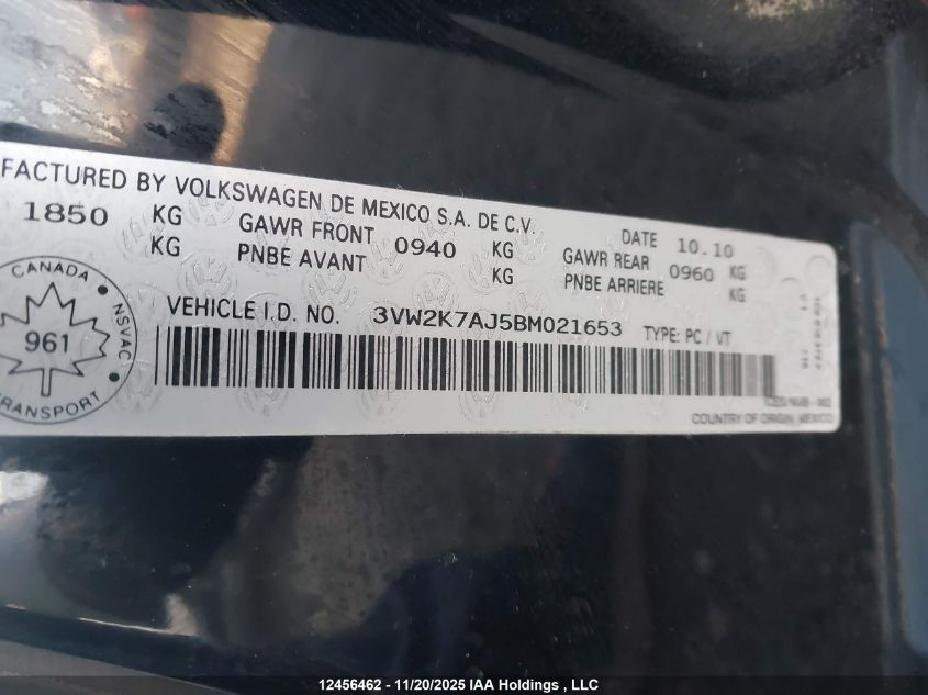 2011 Volkswagen Jetta 2.0L Trendline/2.0L Trendline+ VIN: 3VW2K7AJ5BM021653 Lot: 12456462