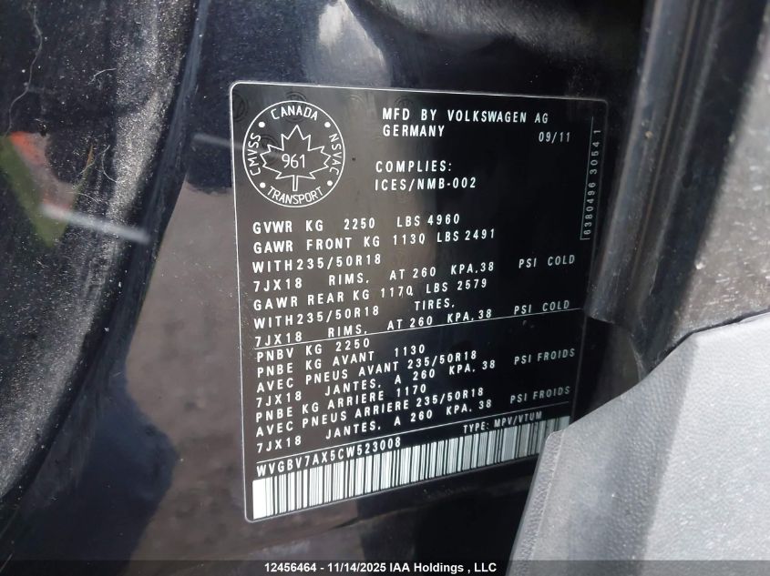 2012 Volkswagen Tiguan S/Se/Sel VIN: WVGBV7AX5CW523008 Lot: 12456464