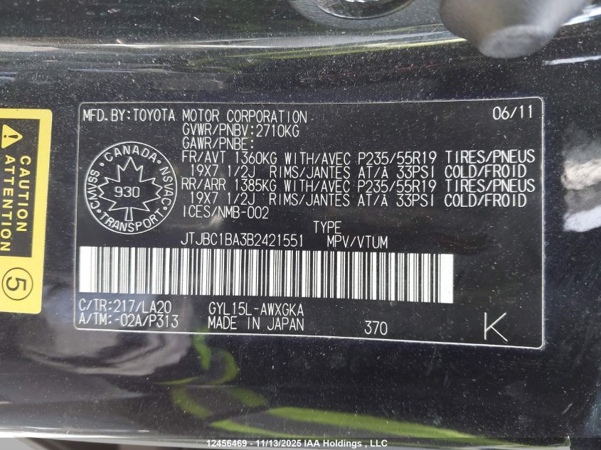 2011 Lexus Rx 450H VIN: JTJBC1BA3B2421551 Lot: 12456469