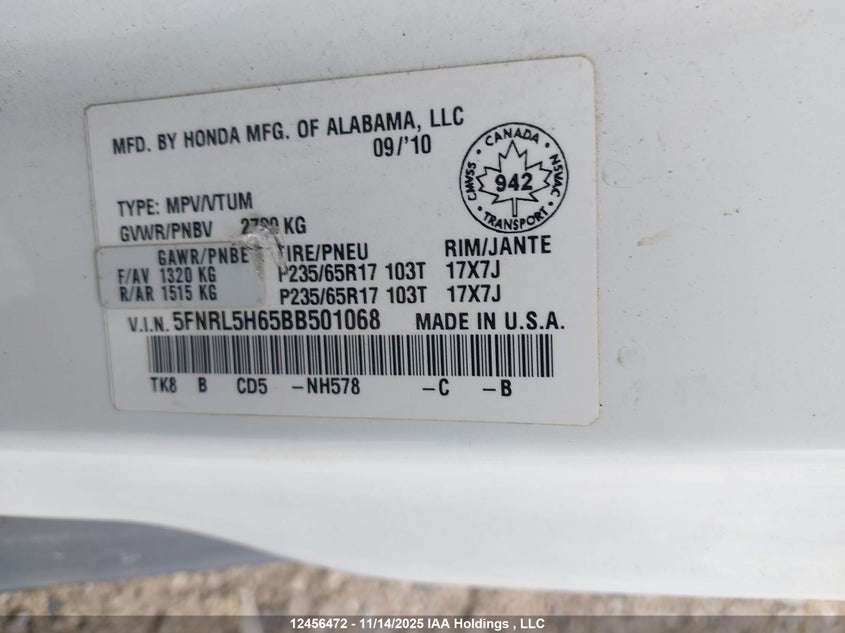 5FNRL5H65BB501068 2011 HONDA ODYSSEY photo no. 9