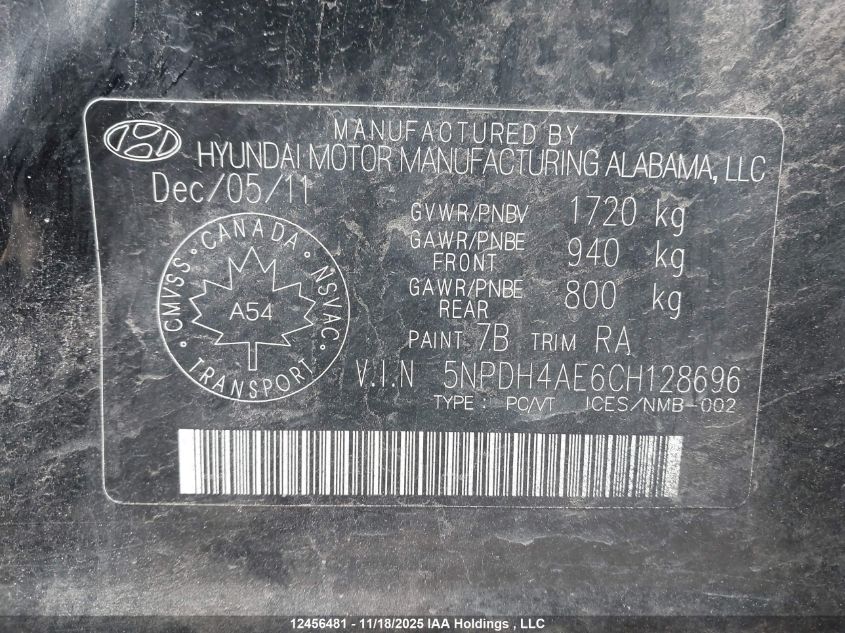 2012 Hyundai Elantra Gls/Limited VIN: 5NPDH4AE6CH128696 Lot: 12456481