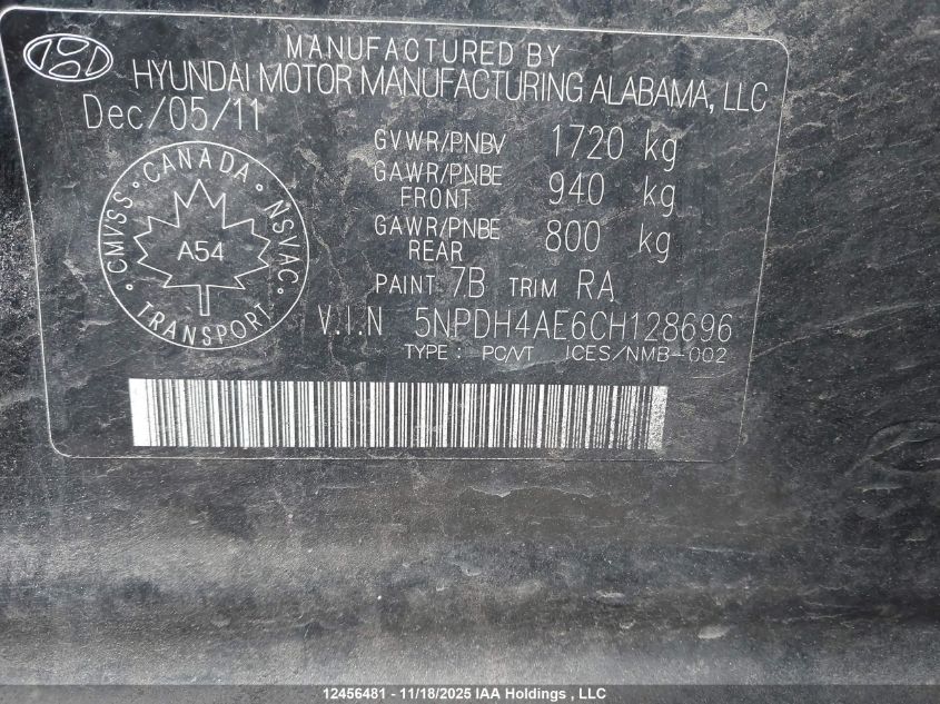 2012 Hyundai Elantra Gls/Limited VIN: 5NPDH4AE6CH128696 Lot: 12456481