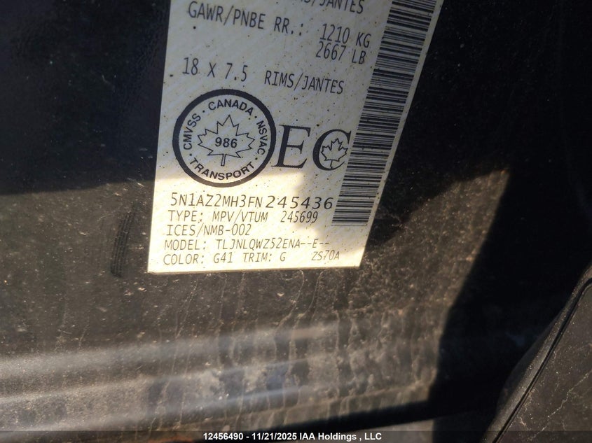 5N1AZ2MH3FN245436 2015 NISSAN MURANO photo no. 9