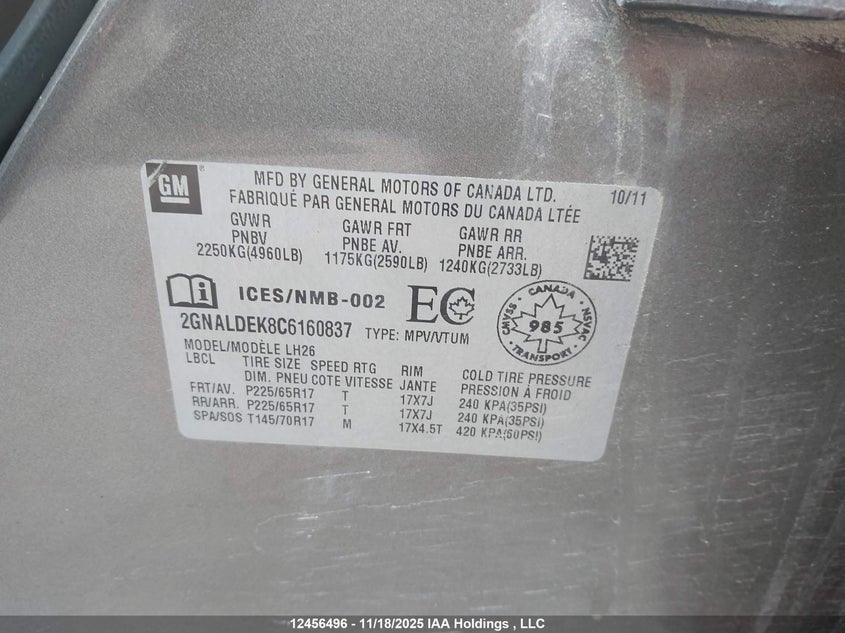 2012 Chevrolet Equinox 1Lt VIN: 2GNALDEK8C6160837 Lot: 12456496