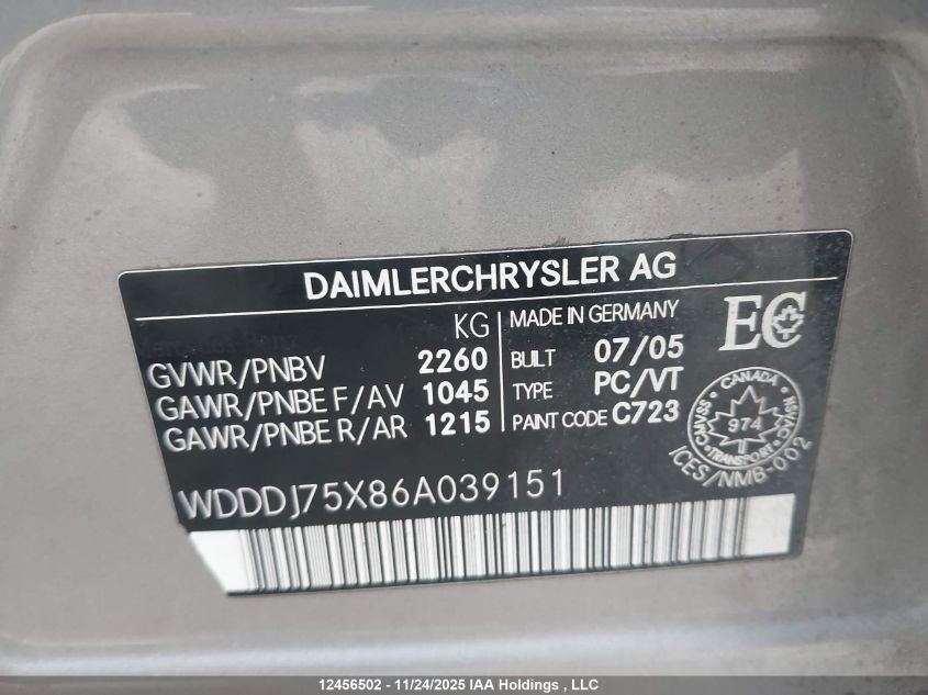 2006 Mercedes-Benz Cls 500 VIN: WDDDJ75X86A039151 Lot: 12456502