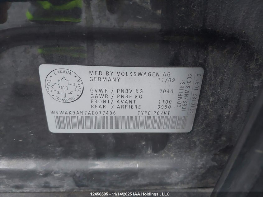 2010 Volkswagen Passat 2.0T VIN: WVWAK9AN7AE077496 Lot: 12456505