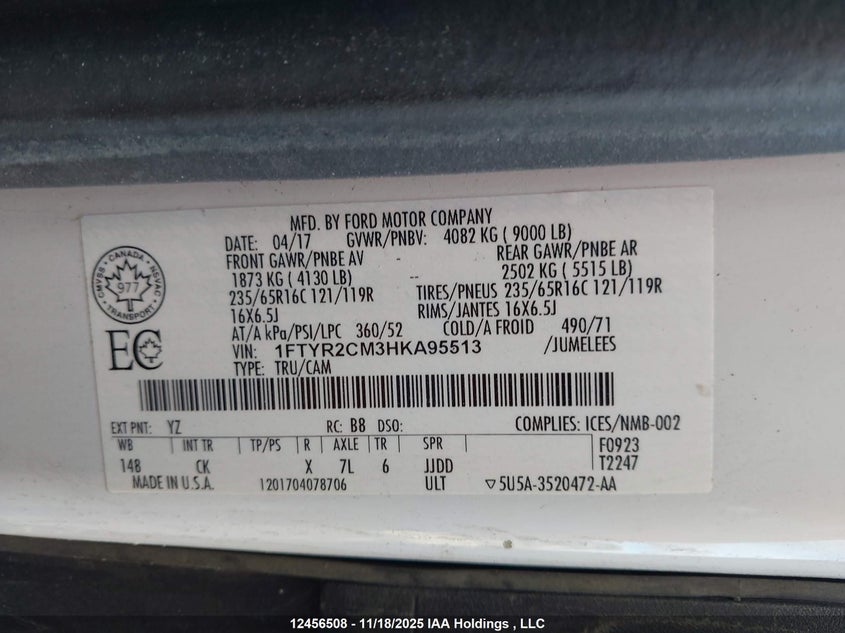 2017 Ford Transit T-250 VIN: 1FTYR2CM3HKA95513 Lot: 12456508