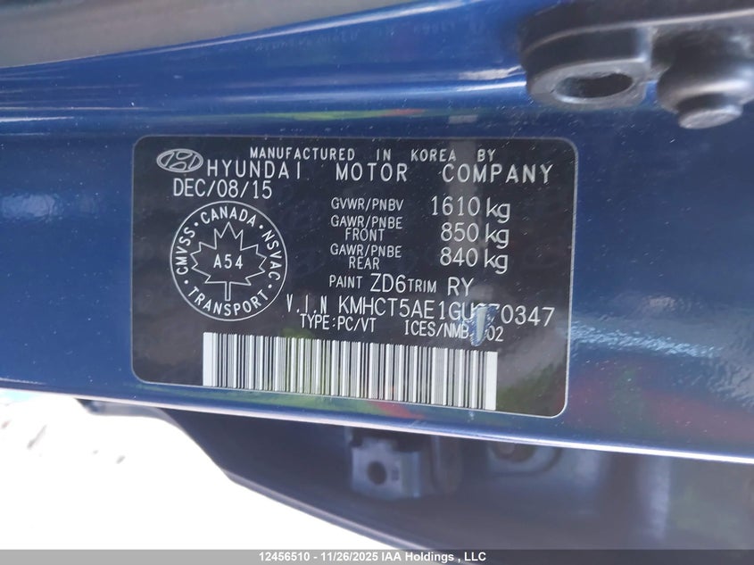 2016 Hyundai Accent VIN: KMHCT5AE1GU270347 Lot: 12456510