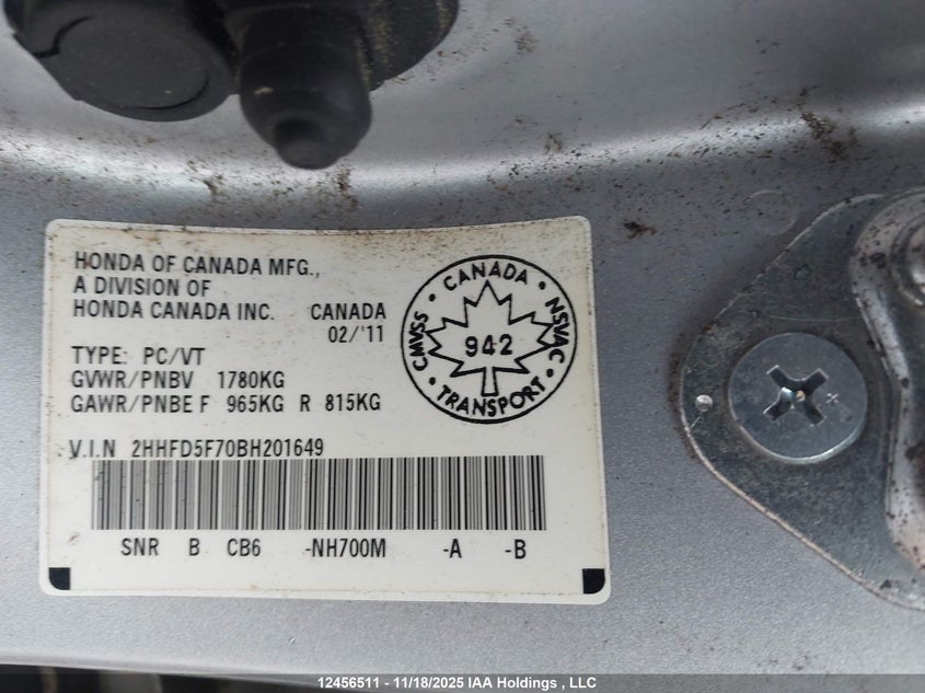 2HHFD5F70BH201649 2011 ACURA CSX photo no. 9